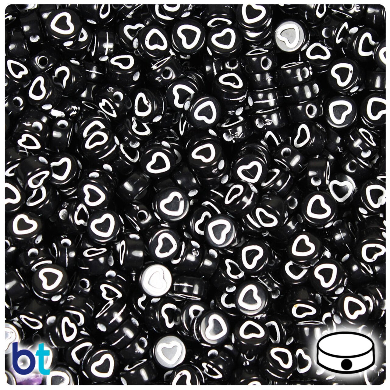 BeadTin Black Opaque 7mm Coin Plastic Alpha Beads - White Hollow Hearts (250pcs)